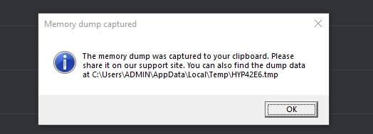 pesan popup memory dump capturred 